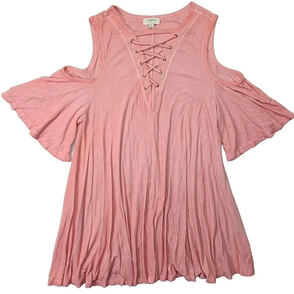 Umgee Tops - Umgee Cold Shoulder Top Blouse Tunic Women's Medium Pink Ribbed Stretch
